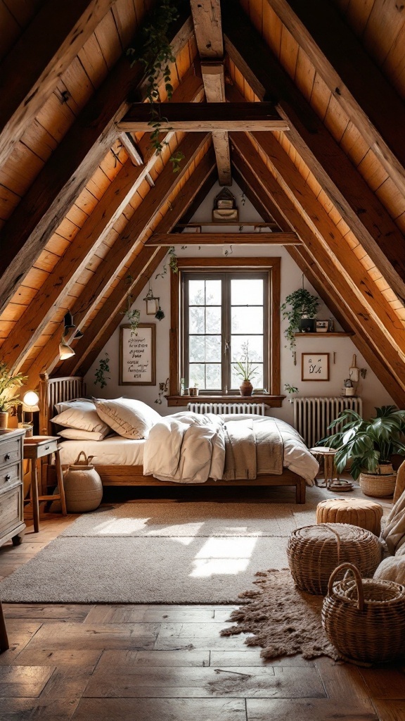 Cozy attic bedroom with wooden beams, a double bed, and plants.