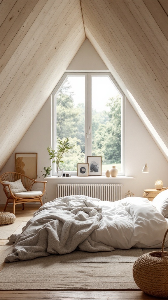 A light and airy attic bedroom with a slanted wooden ceiling, large window, and cozy decor.