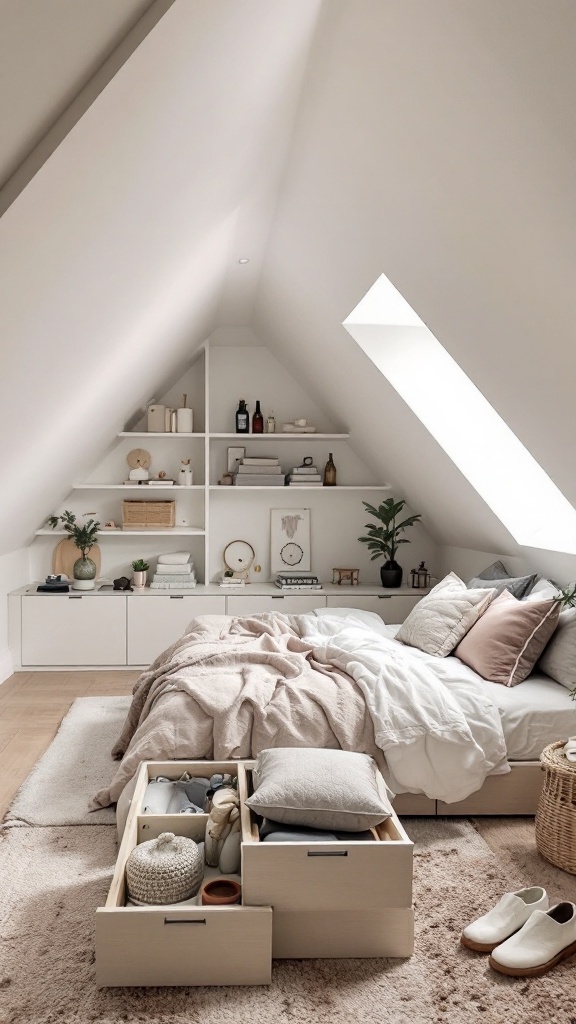 Cozy attic bedroom with smart storage solutions including built-in shelves and under-bed drawers