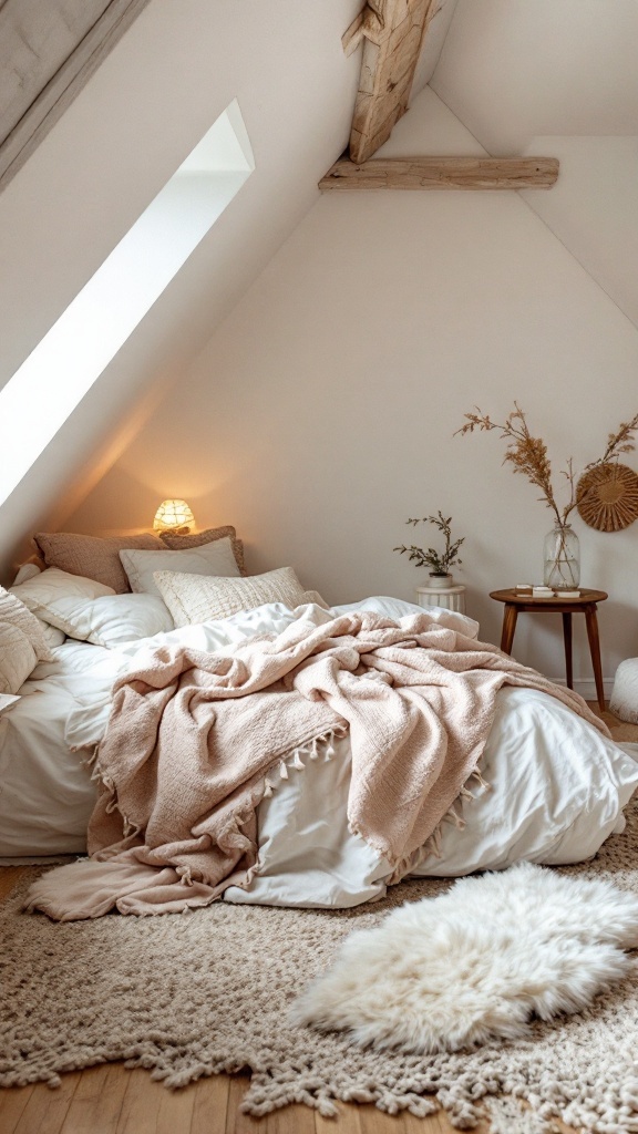 A cozy attic bedroom featuring soft textured layers, including a bed with a pink throw blanket, fluffy pillows, and a plush rug.