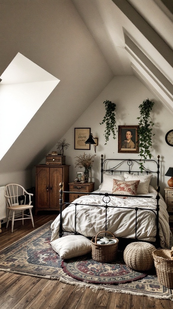 A cozy attic bedroom featuring a vintage metal bed, wooden furniture, and plants.
