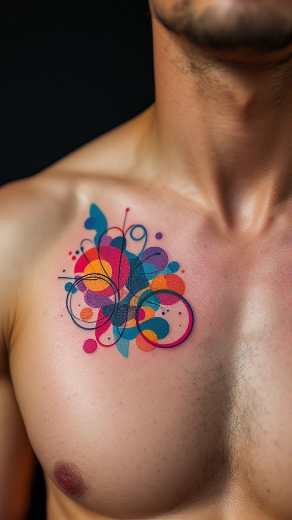 Vibrant abstract art tattoo on a man's chest featuring colorful shapes and curves.