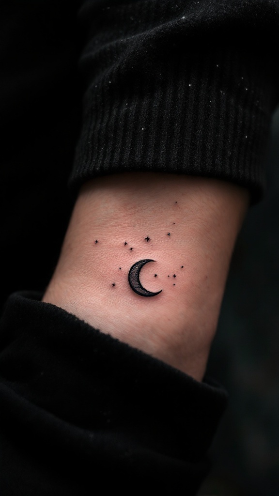 A small tattoo of a crescent moon surrounded by stars on a forearm.