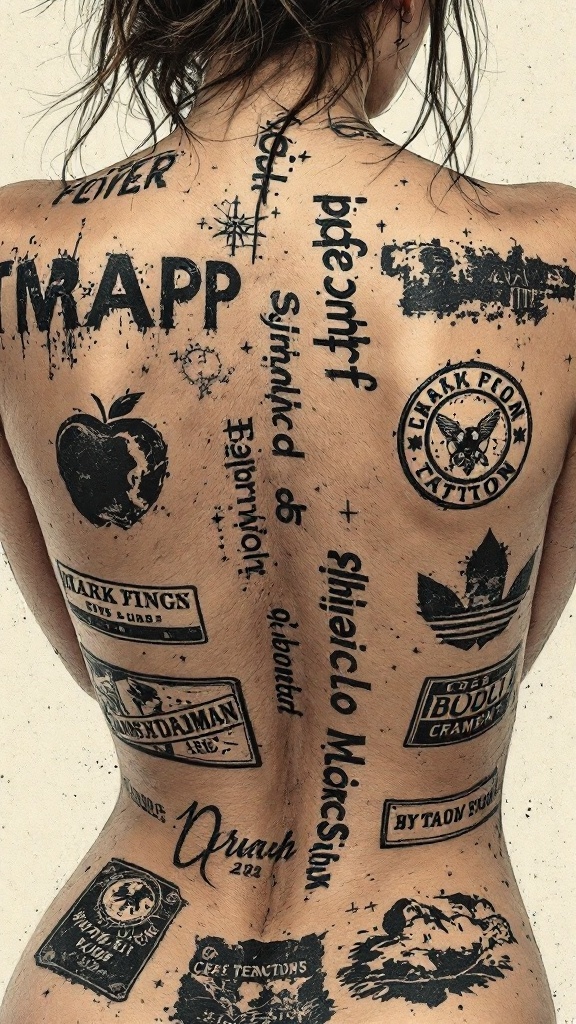 A back view of a person with various tramp stamp tattoos on the lower back.