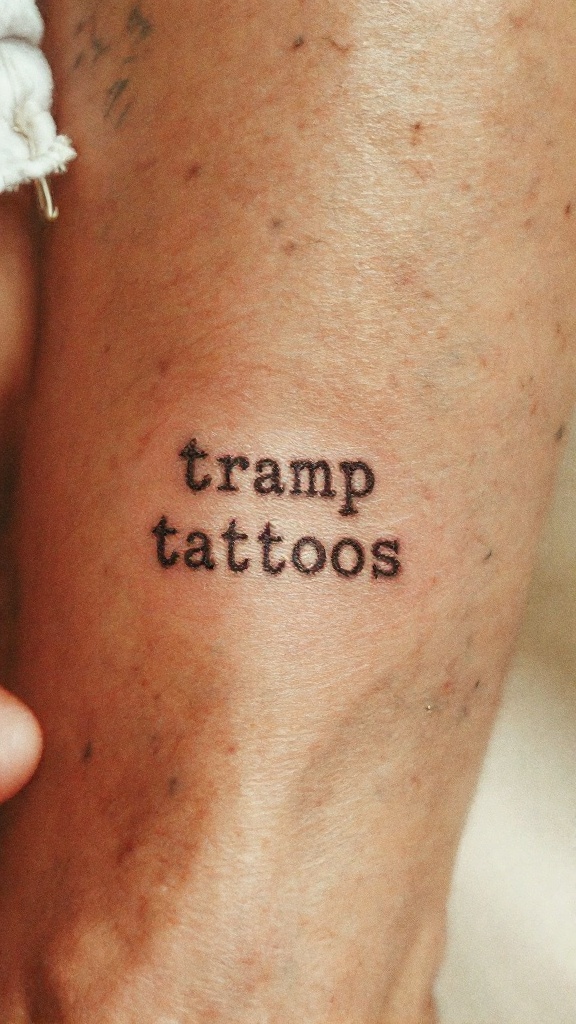 A tattoo on skin with the words 'tramp tattoos' in bold font