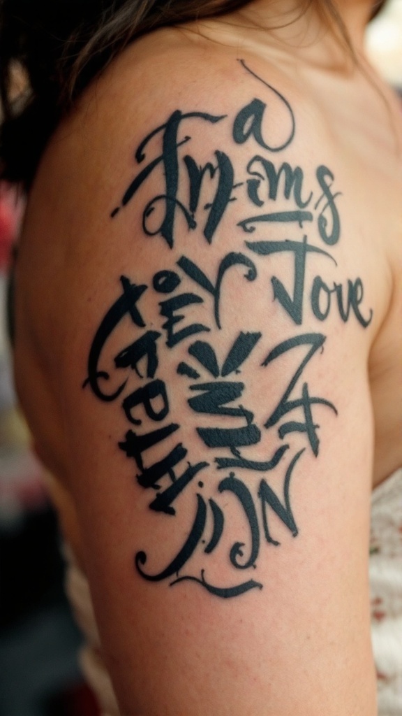 A detailed tramp stamp tattoo featuring artistic lettering