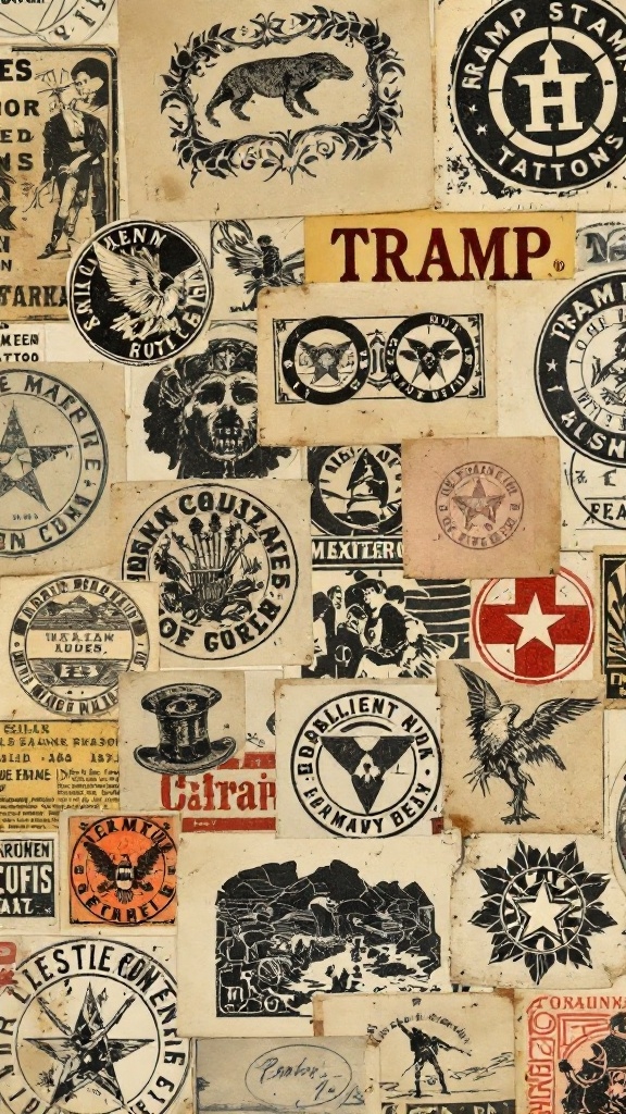 A collage of various tattoo designs and symbols, including the phrase 'Tramp Stamp Tattoos'.