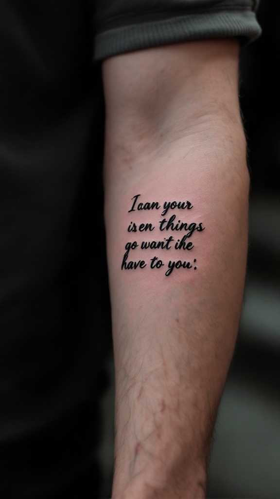 A small tattoo on a man's forearm featuring an elegant script quote.