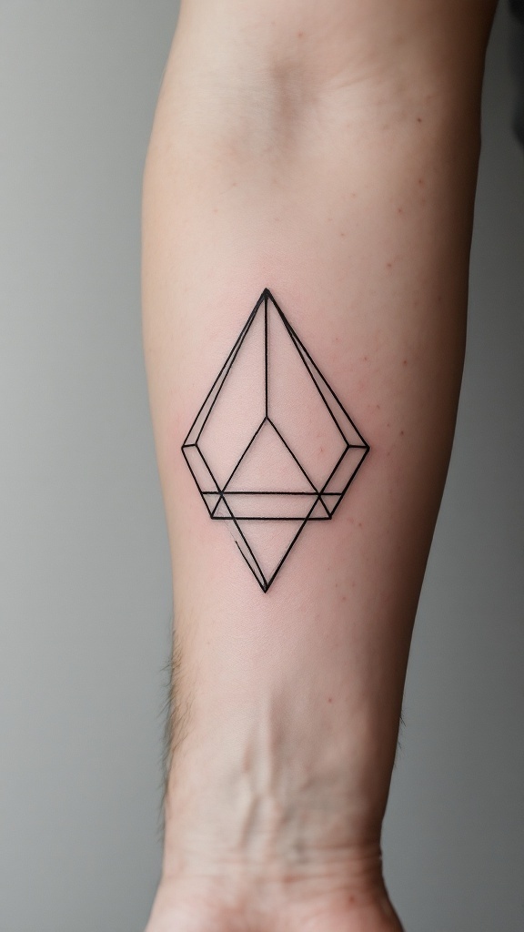 A minimalist geometric tattoo featuring a 3D diamond shape on a man's forearm.