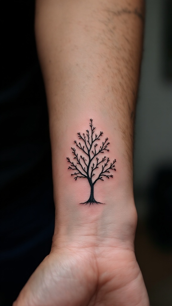 A small black ink tattoo of a tree on a man's forearm.