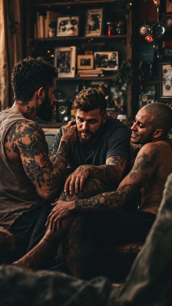 A group of tattooed men in a cozy setting, sharing stories and laughter.