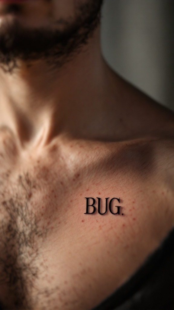 A close-up view of a small tattoo on a man's chest that reads 'BUG.'