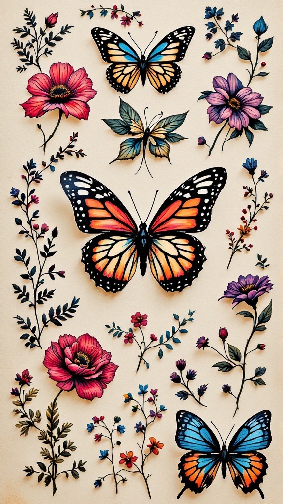 An artistic collection of butterfly and floral tattoos in vibrant colors.