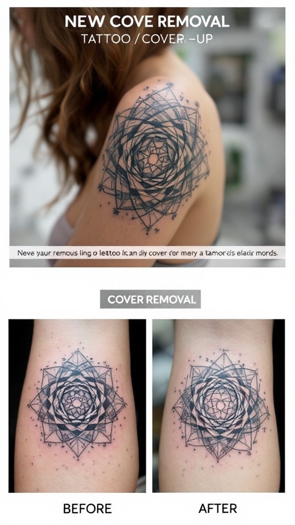 Before and after images of a tattoo cover-up, showing a geometric design covering the original tattoo.