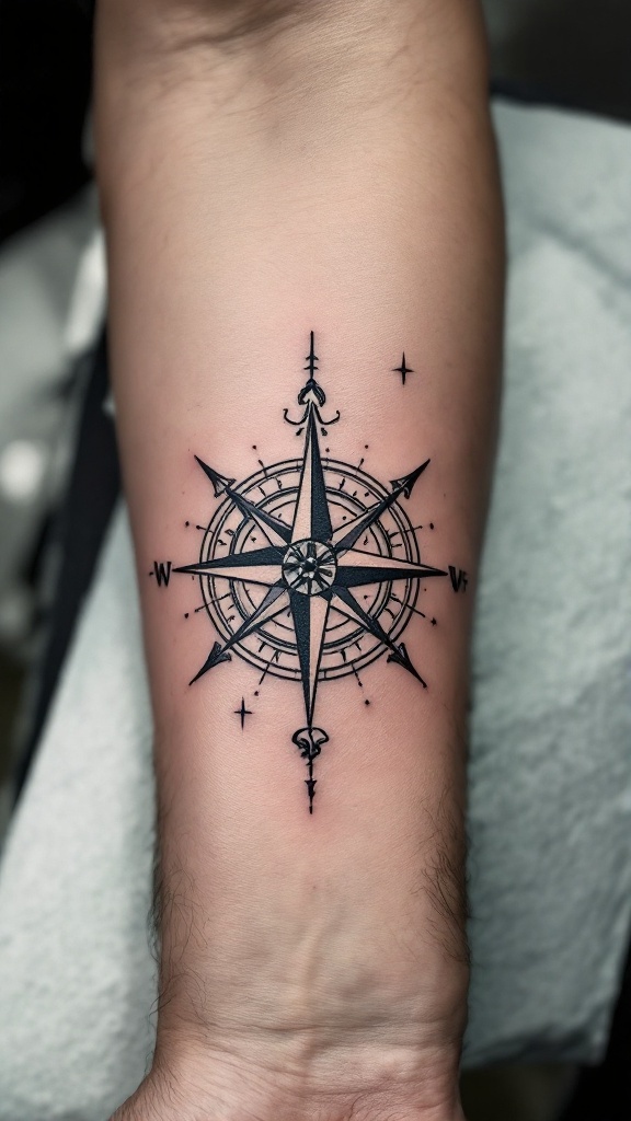 A detailed compass tattoo on a man's forearm.