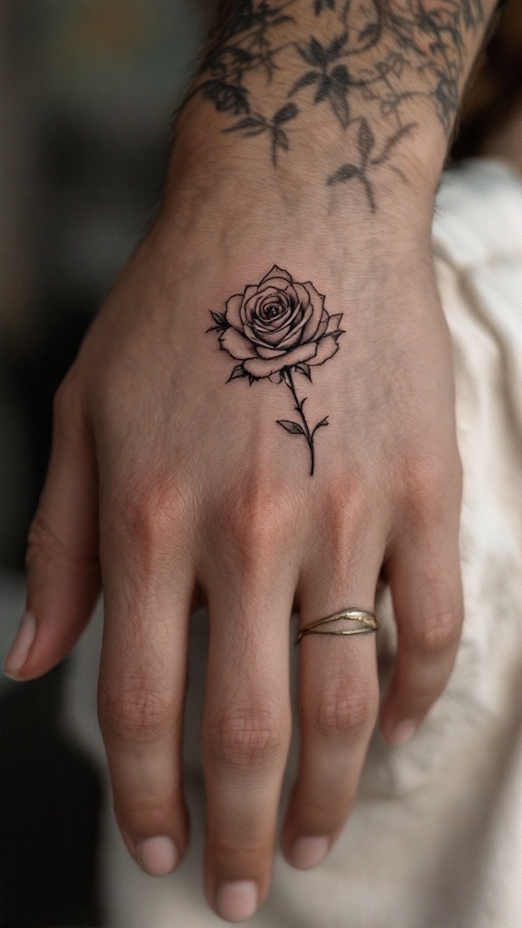 A simple rose tattoo on a man's hand, showcasing fine lines and detail.