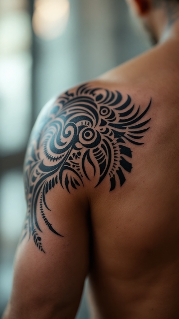 A close-up of a tribal tattoo on a man's shoulder, featuring intricate black patterns.