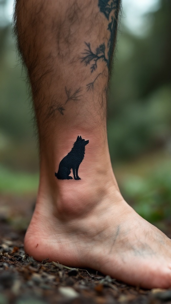 A small, black silhouette tattoo of a wolf on an ankle.