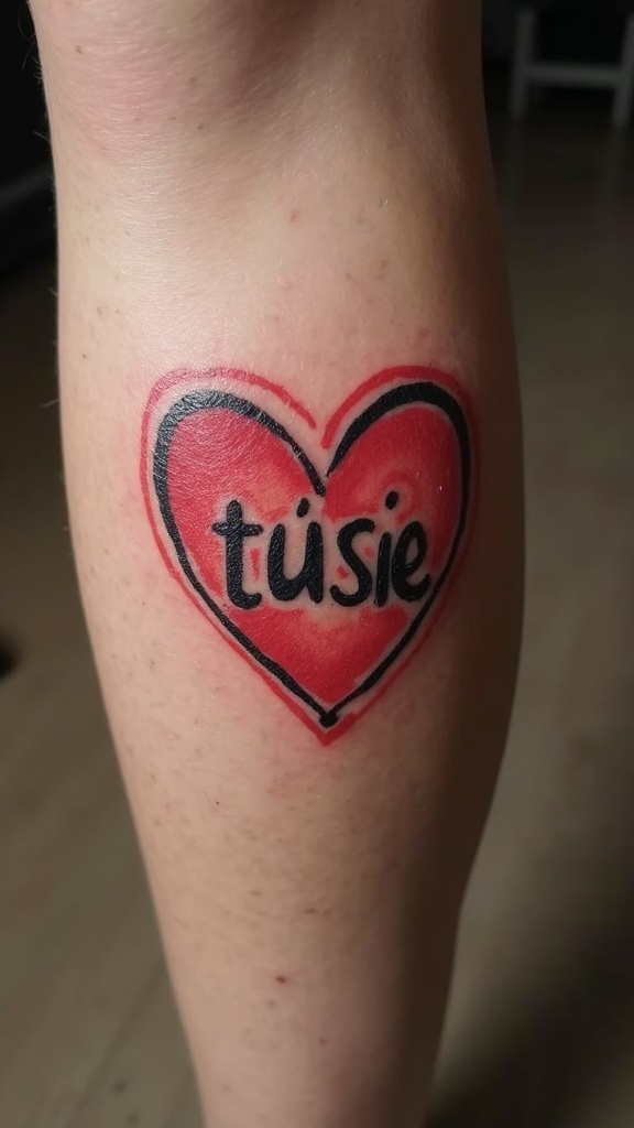 A tattoo of a heart with the word 'túsie' inside it, located on a person's lower leg.