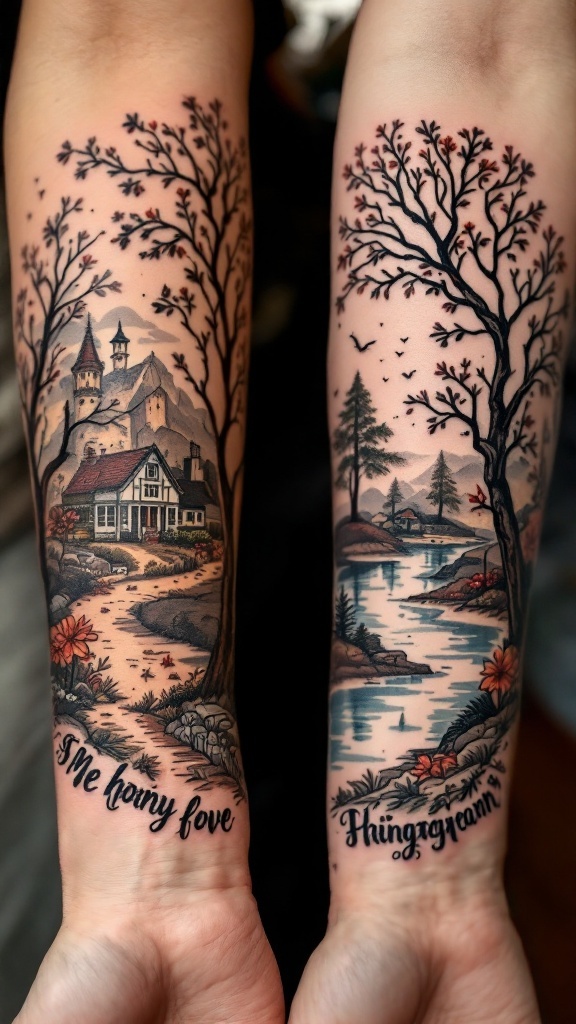 Mother and daughter forearm tattoos featuring a scenic landscape with a house, trees, and river, alongside meaningful phrases.