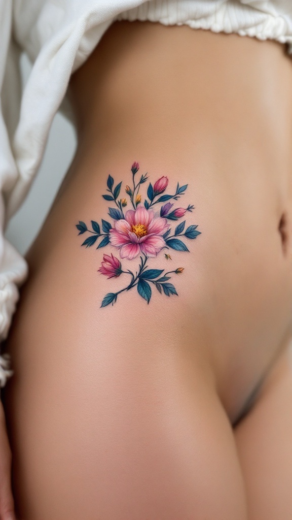 A floral hip tattoo featuring pink flowers and green leaves on a woman's hip