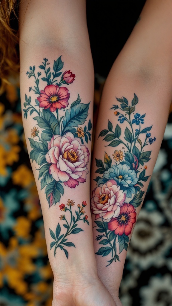 Floral tattoos on mother and daughter's arms showcasing vibrant colors and intricate designs