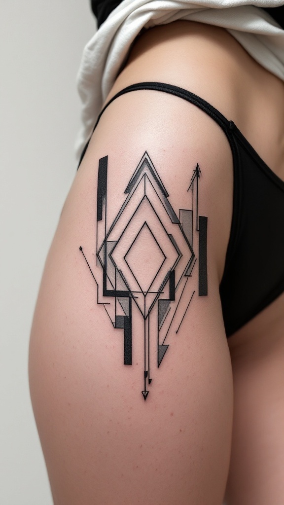 A geometric tattoo design on a woman's hip featuring sharp lines and intricate shapes.