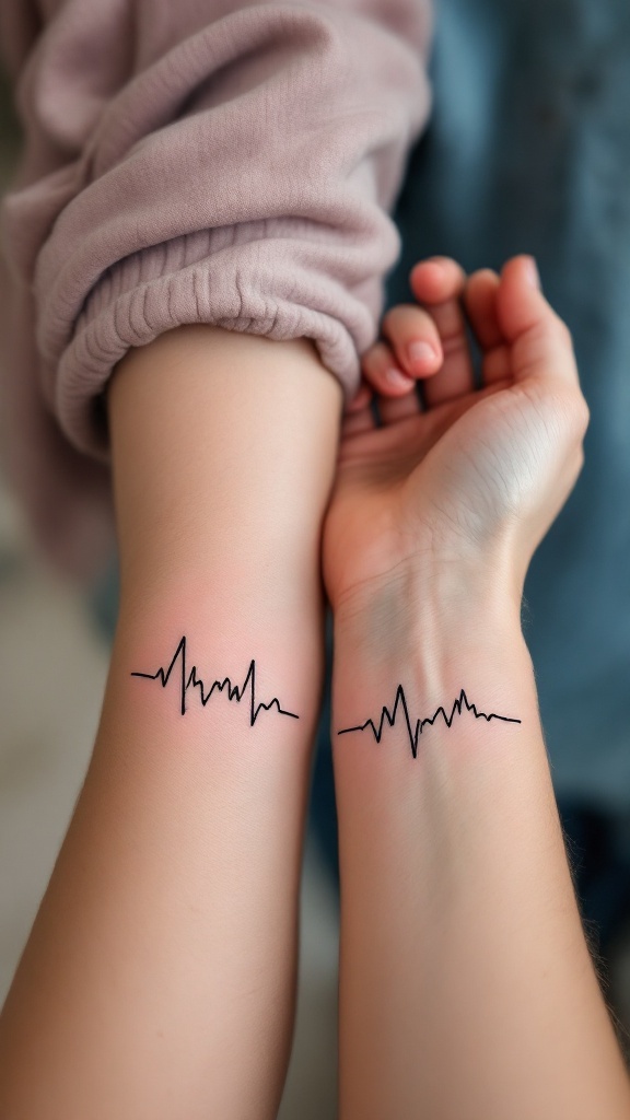 Two arms with matching heartbeat tattoos.