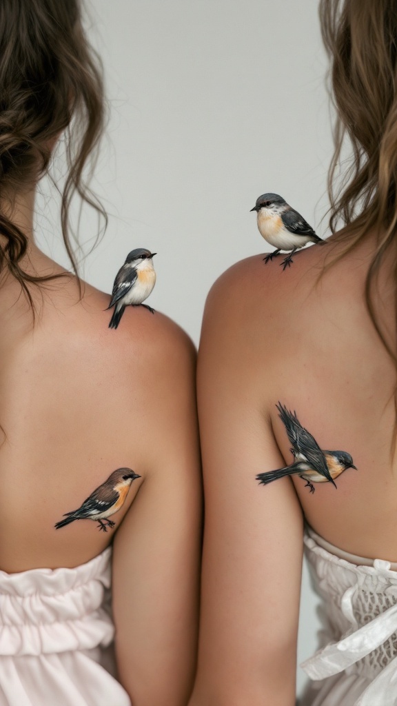 Two women with matching bird tattoos on their shoulders, symbolizing love and loyalty.