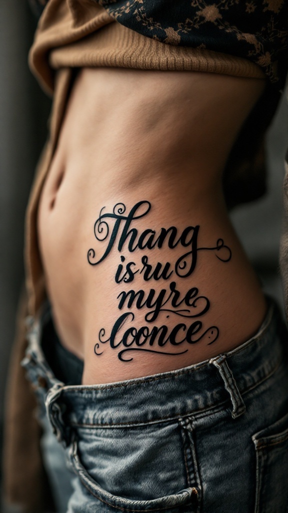 Close-up of a hip tattoo featuring an elegant script.