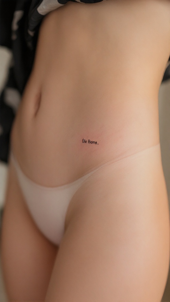 A minimalist tattoo on a woman's hip, featuring the phrase 'tue tone.'