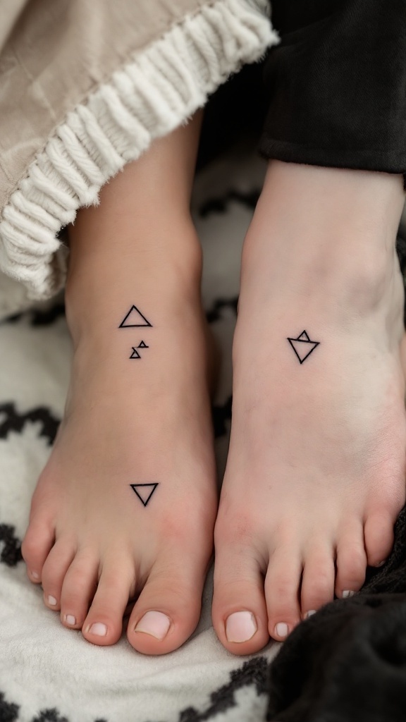 Minimalistic geometric tattoos on the feet of a mother and daughter.