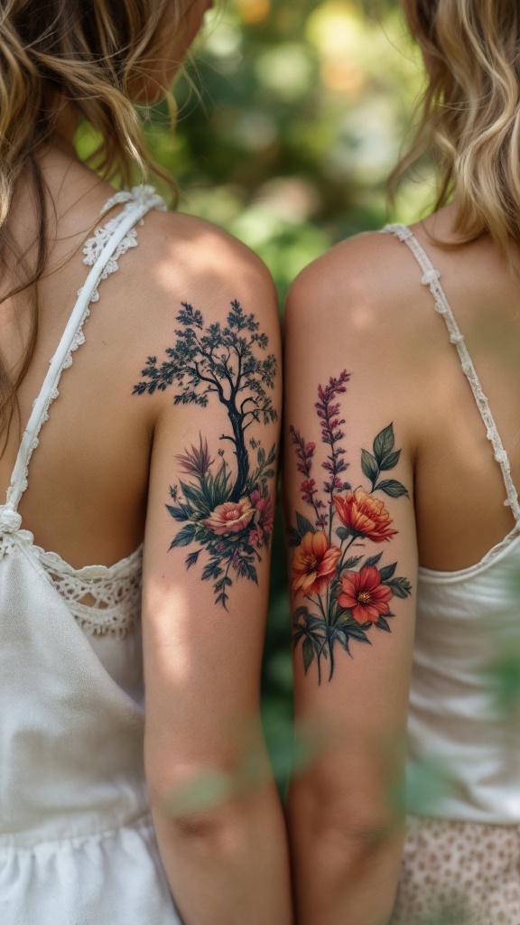 Two women showing matching nature-inspired tattoos on their arms, symbolizing their mother-daughter bond.