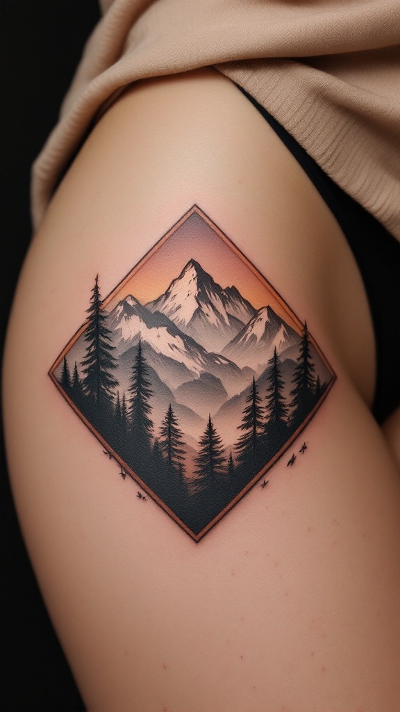 A nature-inspired tattoo featuring mountains and trees on a woman's hip.