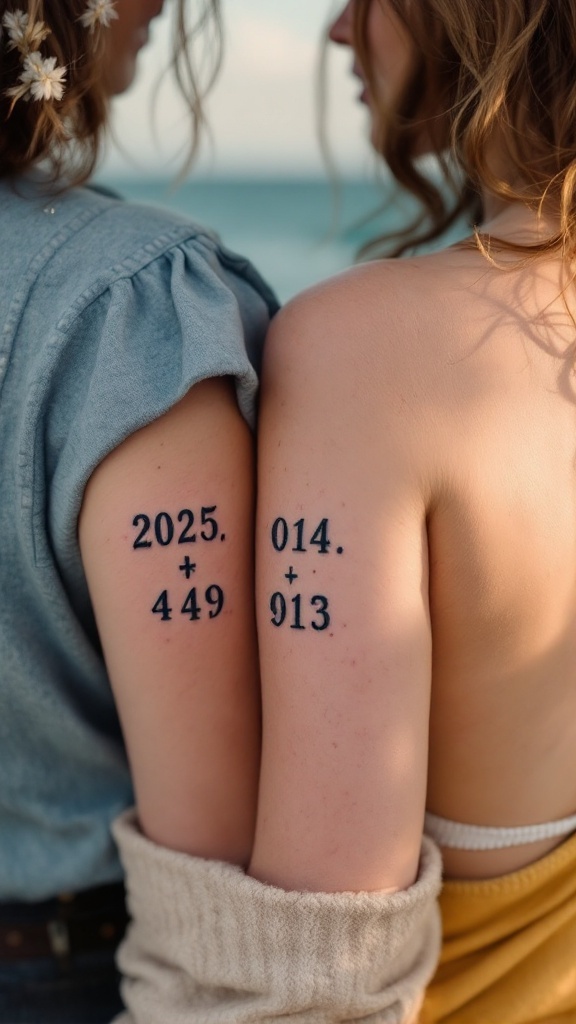 Two women showing off their matching tattoos with personalized coordinates on their arms.