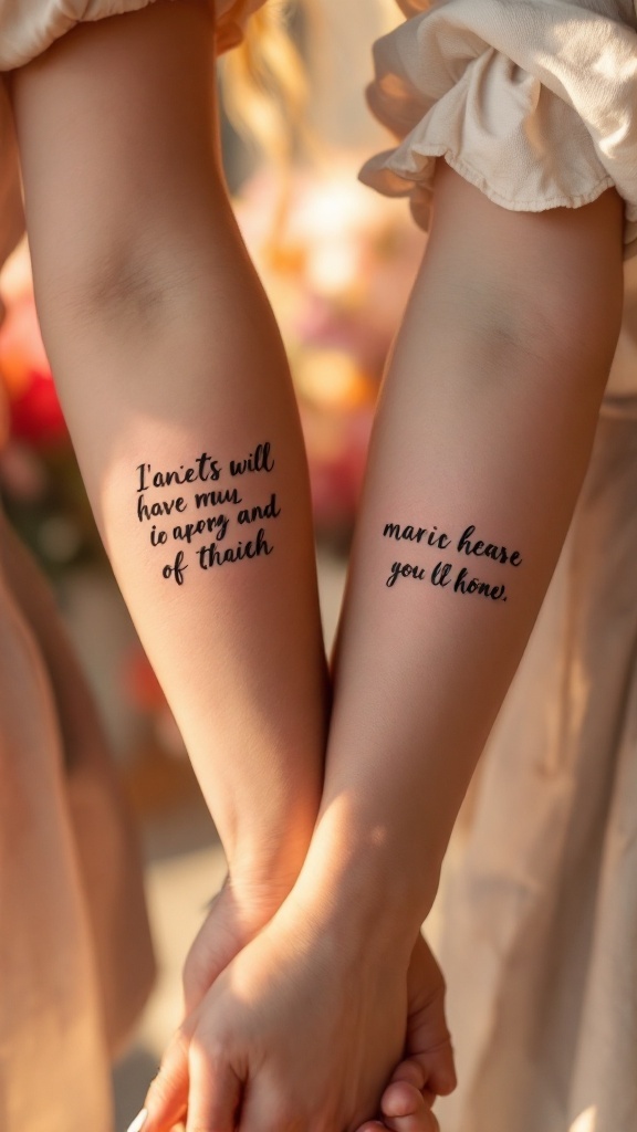 Two arms with matching quote tattoos, symbolizing a mother-daughter bond