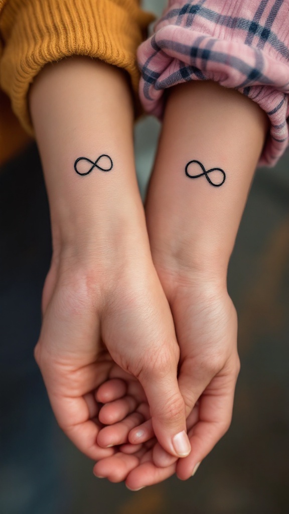 Two wrists with matching infinity symbol tattoos, representing a mother-daughter bond