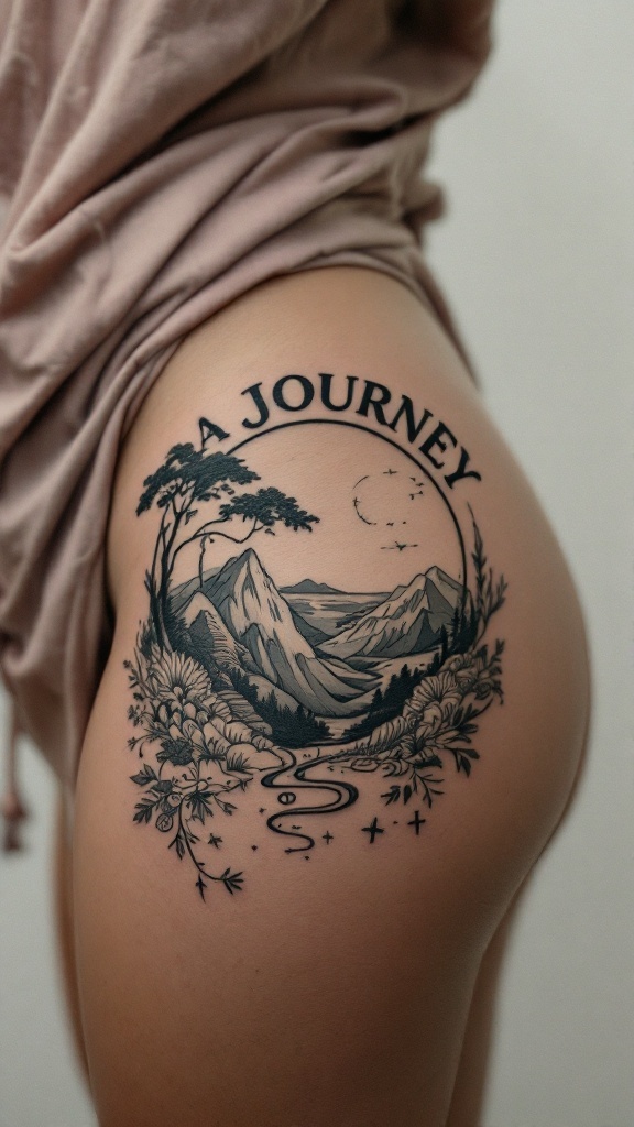 A hip tattoo depicting a scenic landscape with mountains and a river, featuring the text 'A JOURNEY'.