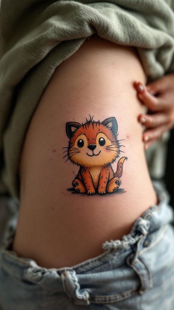 A playful cartoon-style cat tattoo on a woman's hip