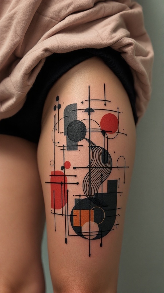 An abstract thigh tattoo featuring geometric shapes and vibrant colors.