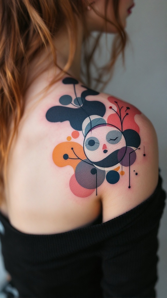 An abstract shoulder tattoo featuring vibrant colors and shapes on a woman's back.