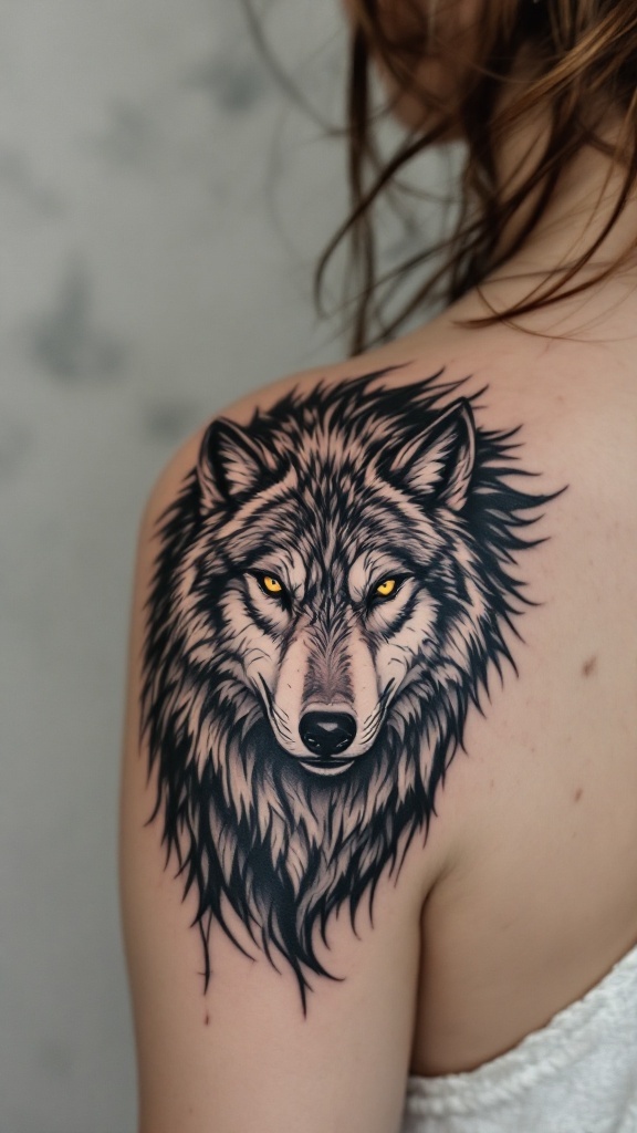 Detailed wolf tattoo on a woman's shoulder