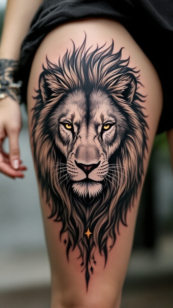 A detailed lion tattoo on a woman's thigh, showcasing intricate lines and strong features.