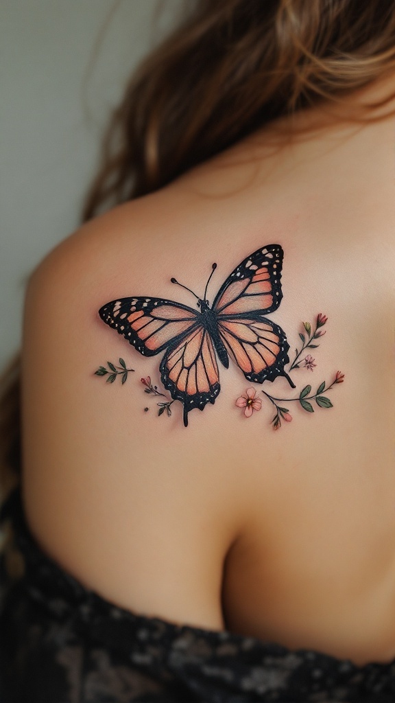 Shoulder tattoo of a butterfly with floral elements