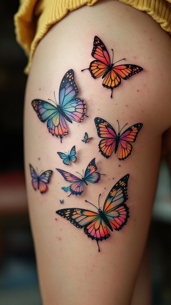 A collection of colorful butterfly tattoos on a woman's thigh, symbolizing transformation.