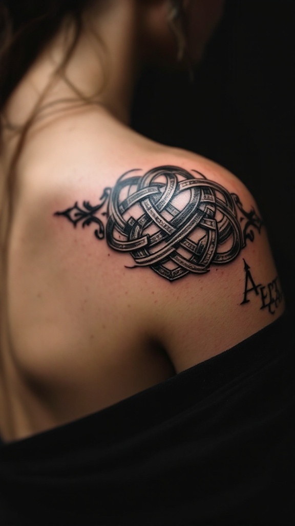 A detailed Celtic knot tattoo on a woman's shoulder.