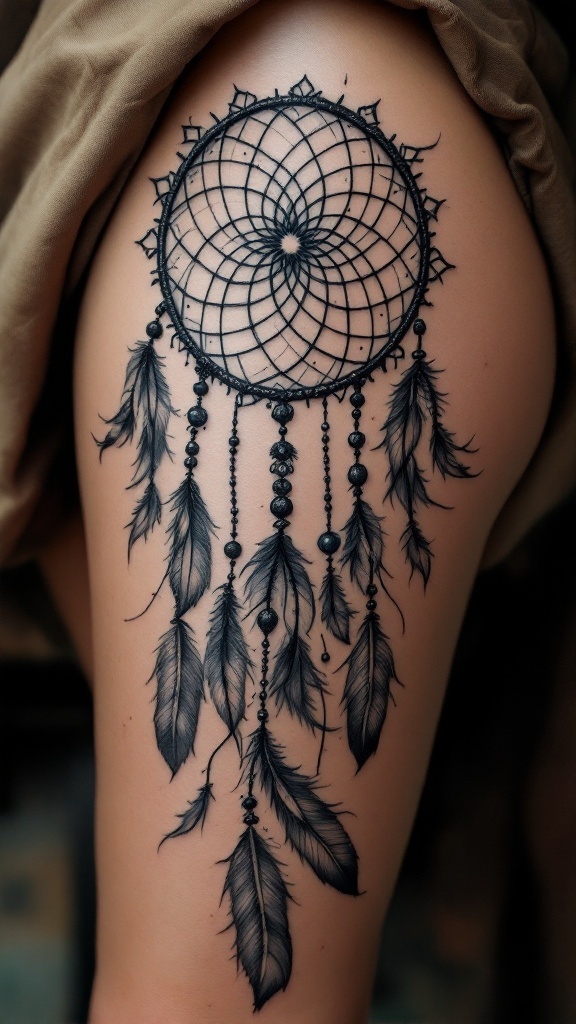 A thigh tattoo of a dreamcatcher featuring detailed feathers and beads