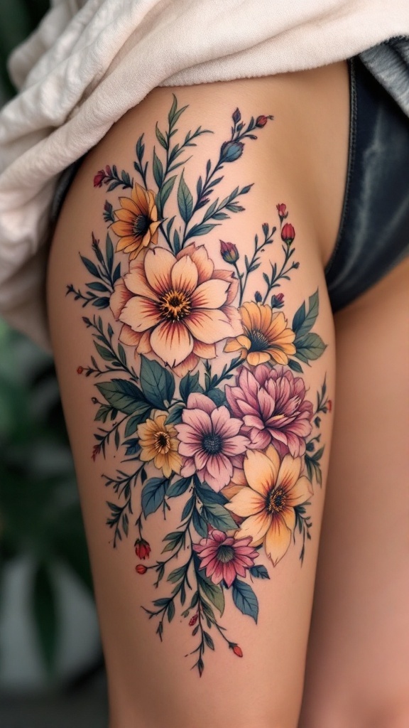 Colorful floral tattoo design on a woman's thigh, featuring various flowers and green leaves.