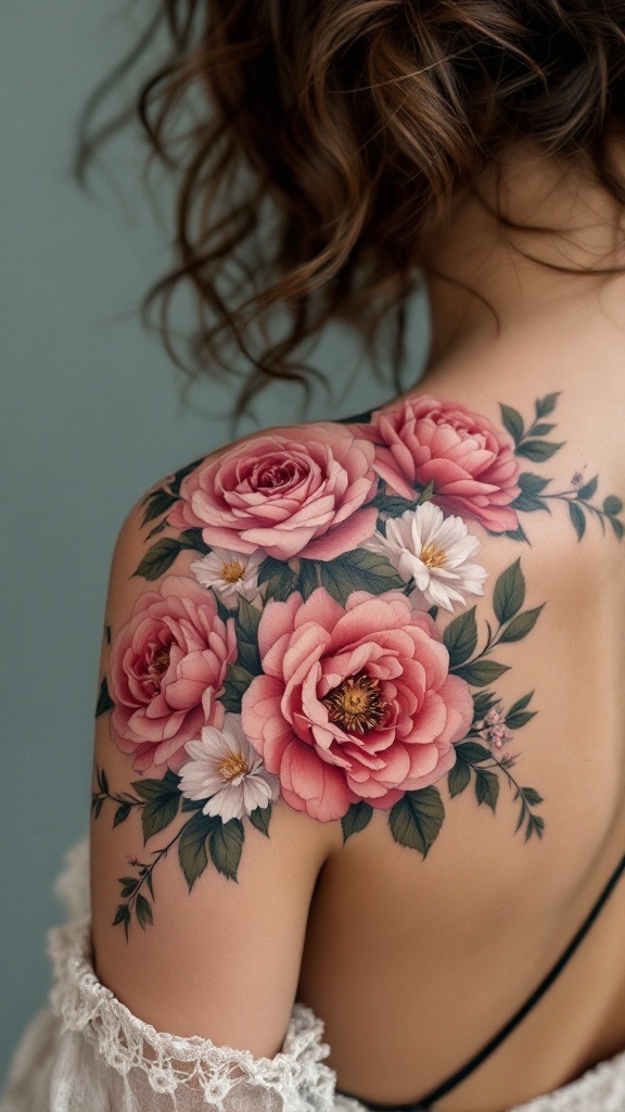 A floral shoulder tattoo featuring pink roses and white daisies