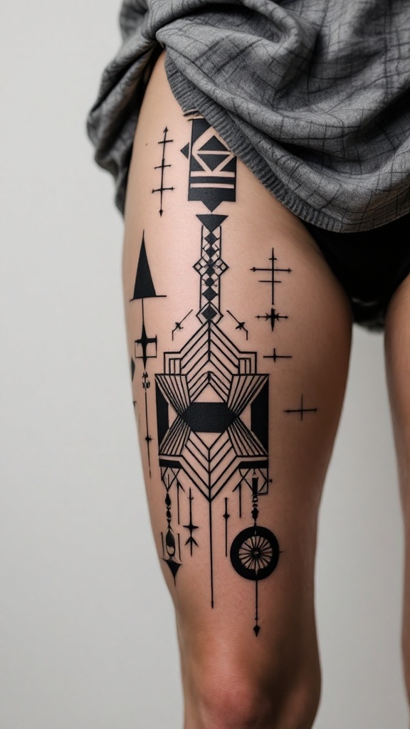 A thigh tattoo featuring intricate geometric patterns.